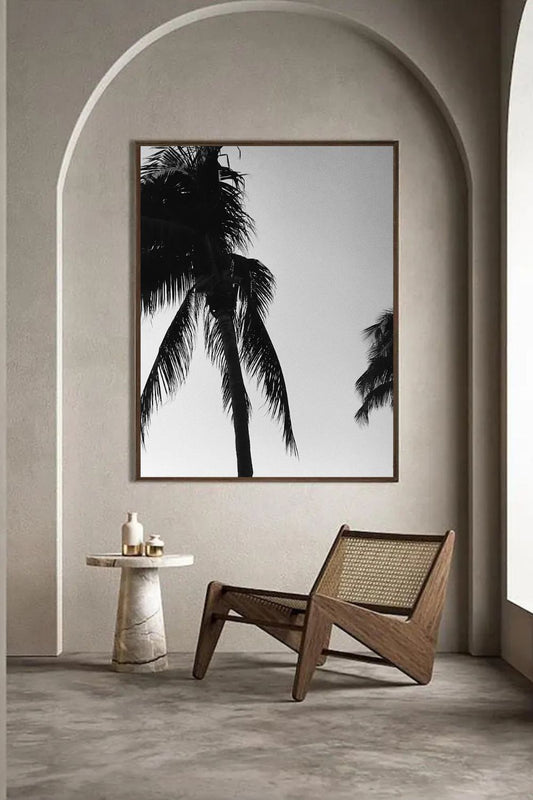 Tirage photo fine art noir et blanc de palmiers en silhouette sur ciel dégradé