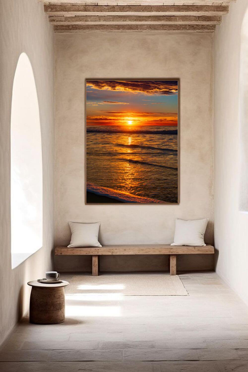 Tirage photo fine art coucher de soleil sur l’océan avec reflets dorés et ciel nuageux