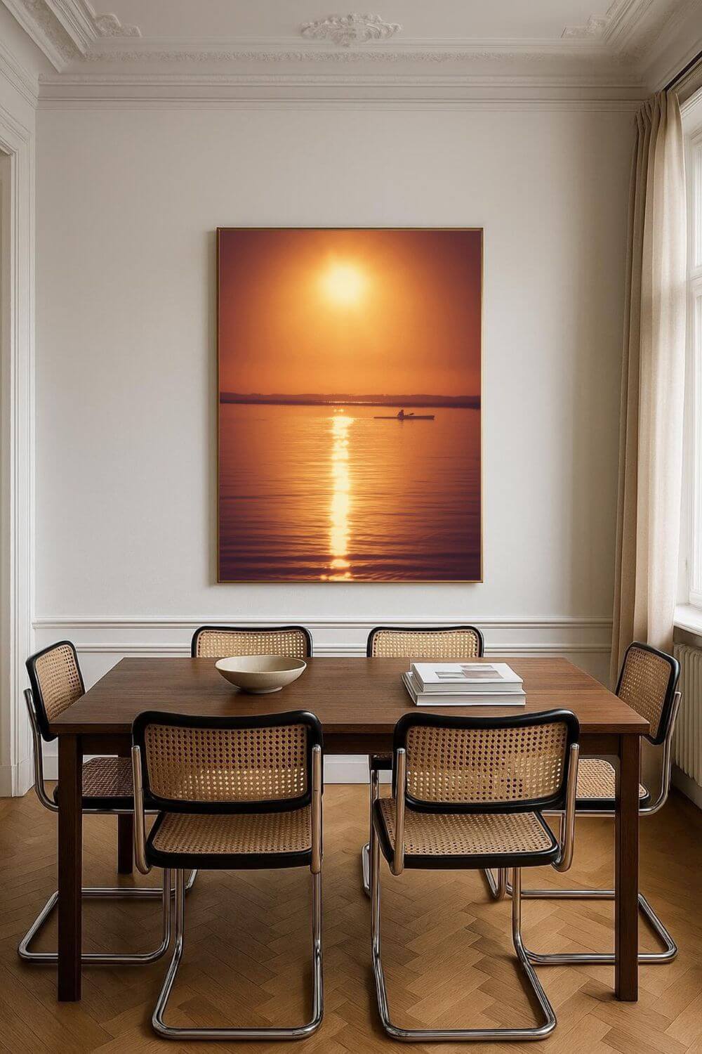 Tirage photo fine art coucher de soleil au lac de Sanguinet avec kayakiste silhouette sur eau dorée