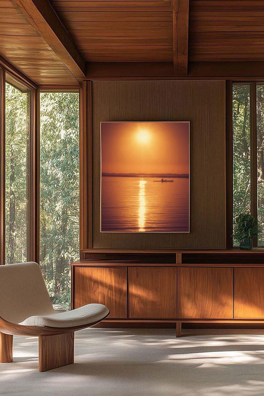 Tirage photo fine art coucher de soleil au lac de Sanguinet avec kayakiste silhouette sur eau dorée