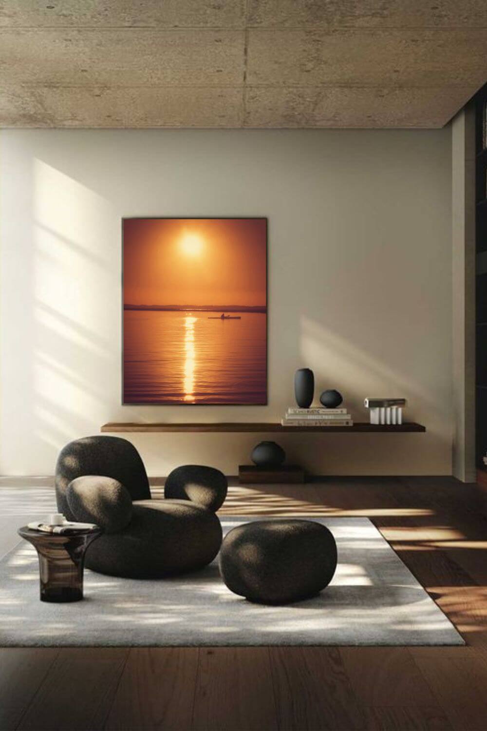 Tirage photo fine art coucher de soleil au lac de Sanguinet avec kayakiste silhouette sur eau dorée