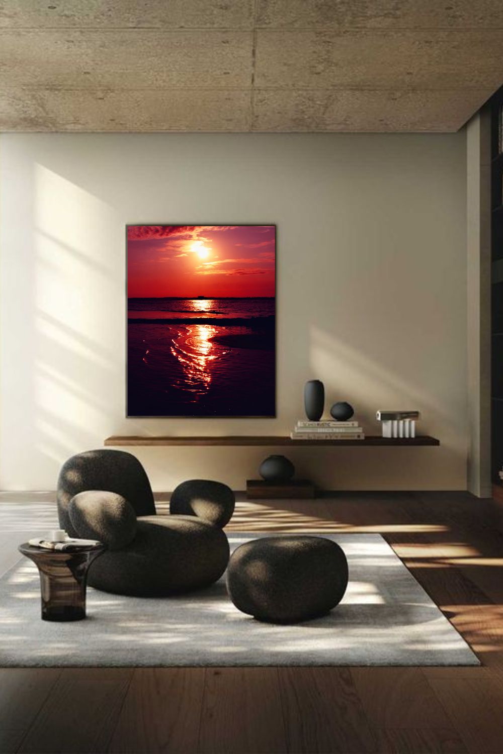 Tirage photo fine art coucher de soleil rouge au lac de Sanguinet avec reflets sur l'eau et cabane sur pilotis en silhouette