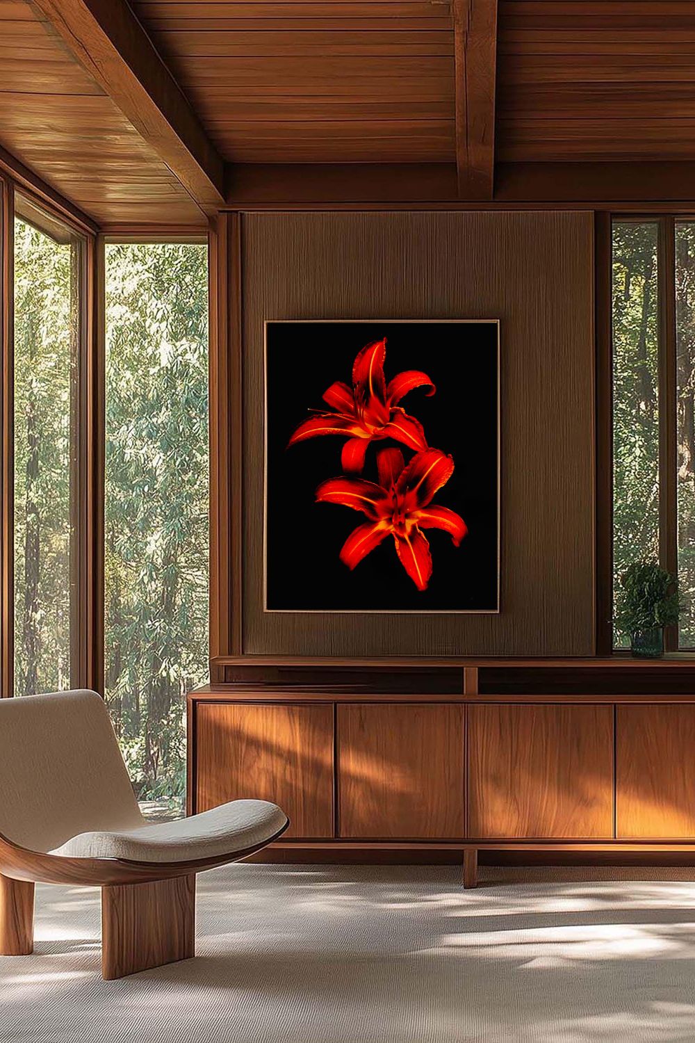 Tirage photo fine art de deux lys rouges sur fond noir, contraste floral intense 