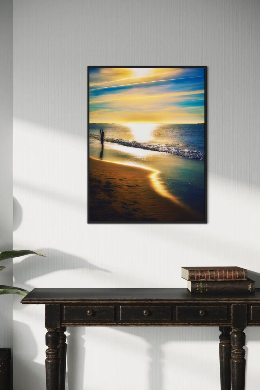 Tirage photo fine art coucher de soleil à Biscarrosse Plage avec silhouette d’enfant sur sable humide