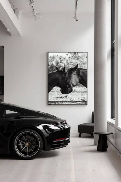 Tirage photo fine art noir et blanc de deux chevaux en symétrie, têtes rapprochée