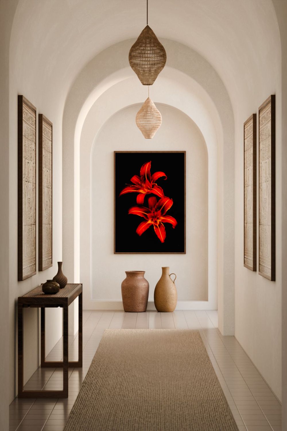 Tirage photo fine art de deux lys rouges sur fond noir, contraste floral intense 