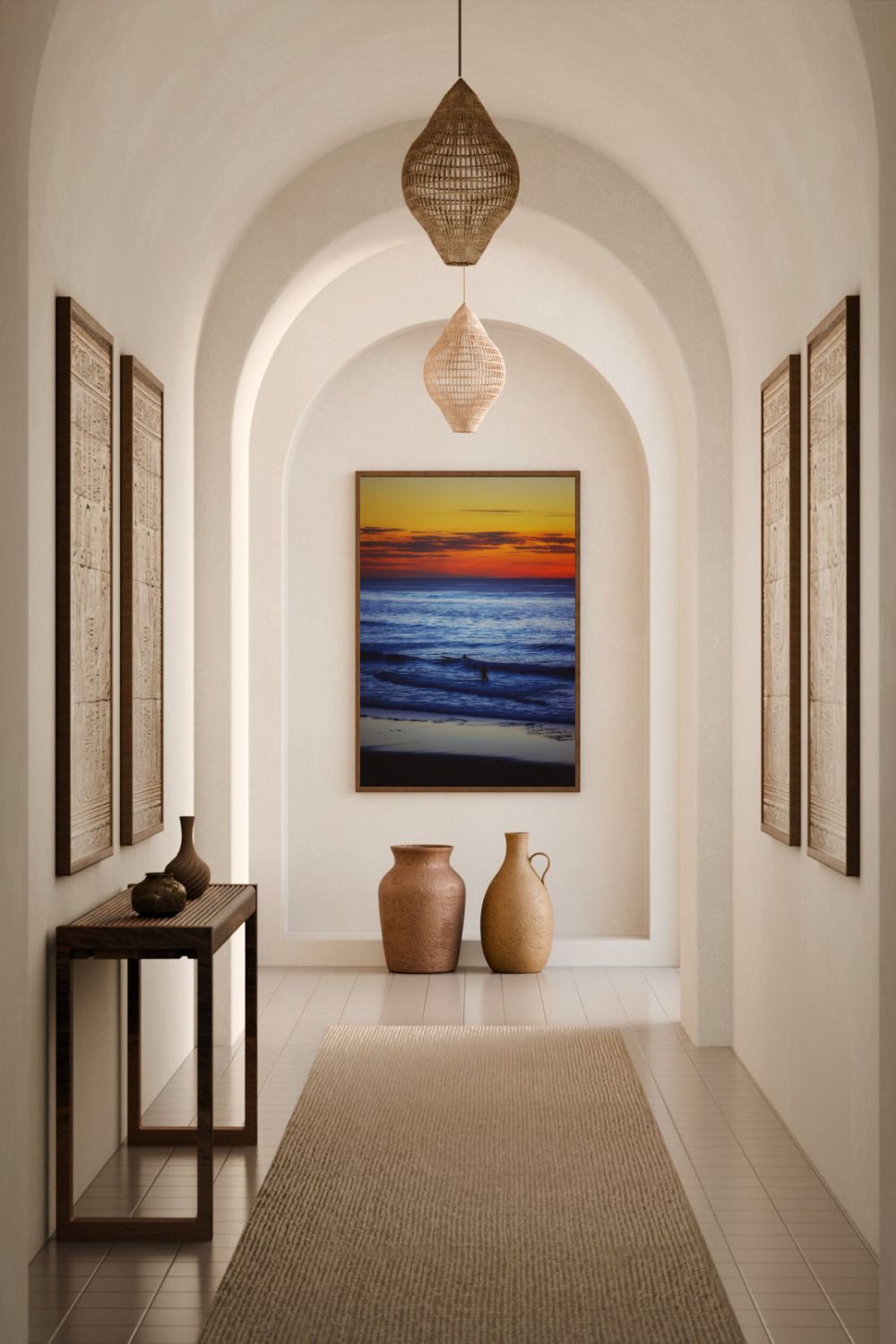 Tirage photo fine art coucher de soleil à Biscarrosse Plage avec surfeur et reflets colorés sur l’eau