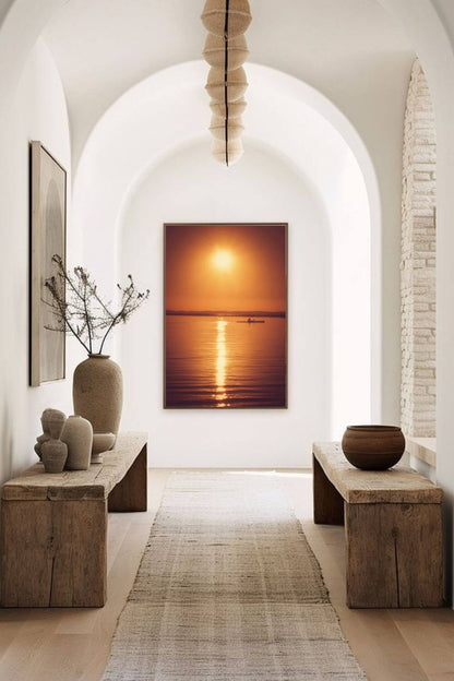 Tirage photo fine art coucher de soleil au lac de Sanguinet avec kayakiste silhouette sur eau dorée