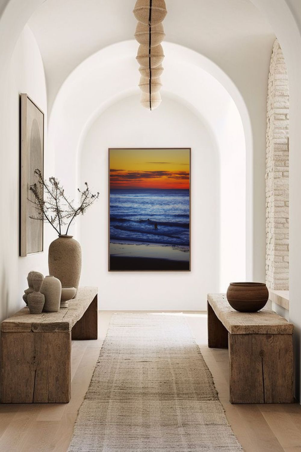 Tirage photo fine art coucher de soleil à Biscarrosse Plage avec surfeur et reflets colorés sur l’eau