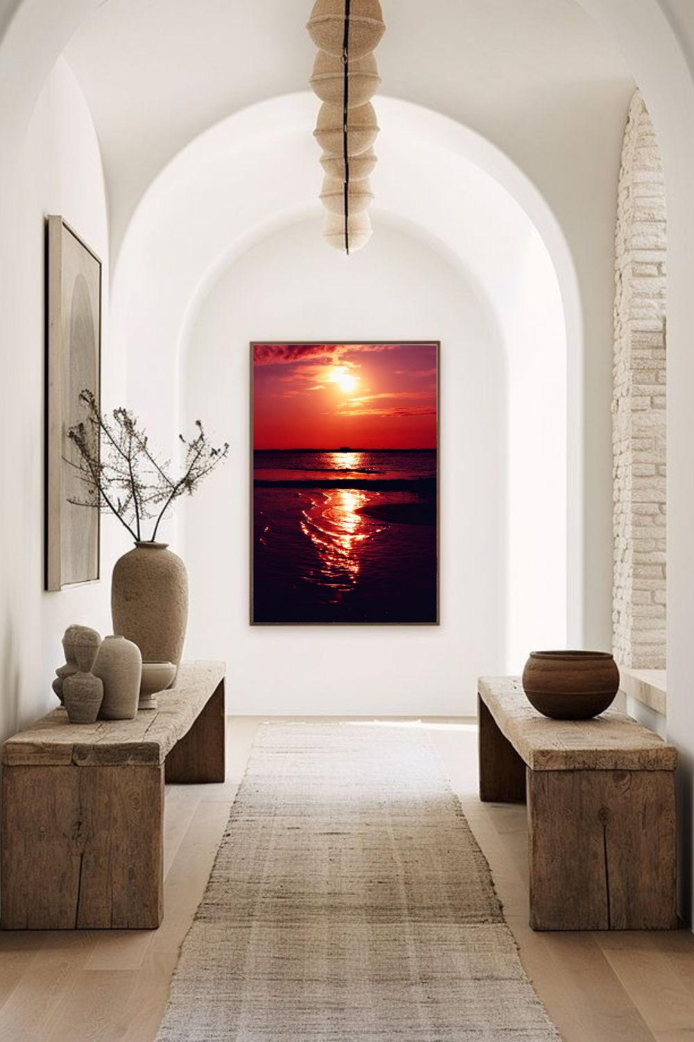 Tirage photo fine art coucher de soleil rouge au lac de Sanguinet avec reflets sur l'eau et cabane sur pilotis en silhouette