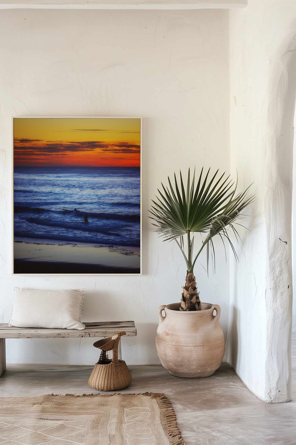 Tirage photo fine art coucher de soleil à Biscarrosse Plage avec surfeur et reflets colorés sur l’eau