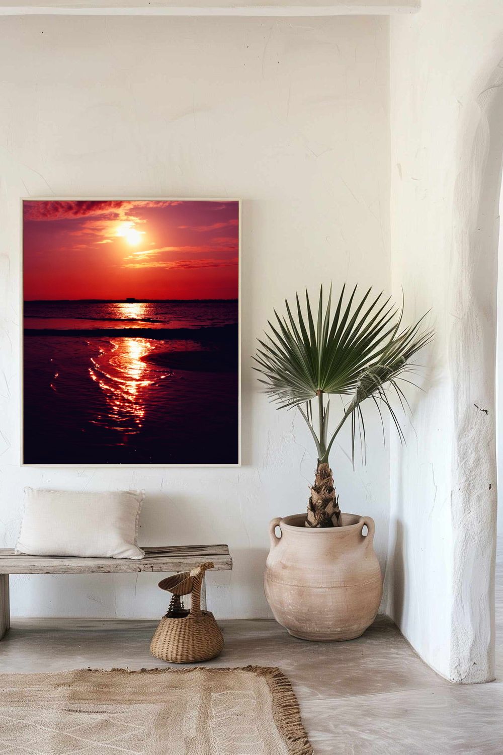 Tirage photo fine art coucher de soleil rouge au lac de Sanguinet avec reflets sur l'eau et cabane sur pilotis en silhouette