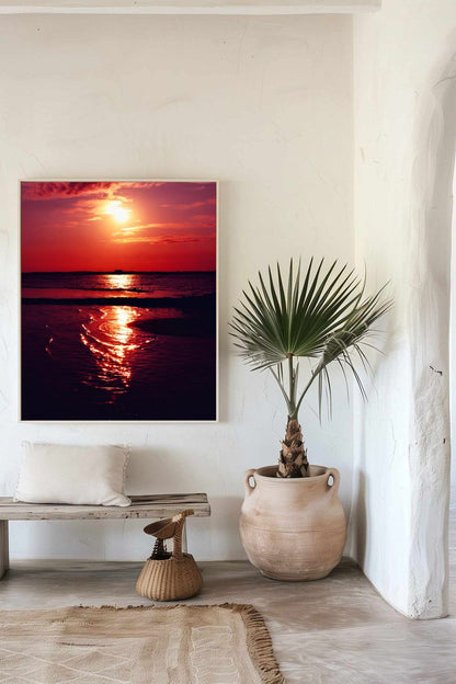 Tirage photo fine art coucher de soleil rouge au lac de Sanguinet avec reflets sur l'eau et cabane sur pilotis en silhouette