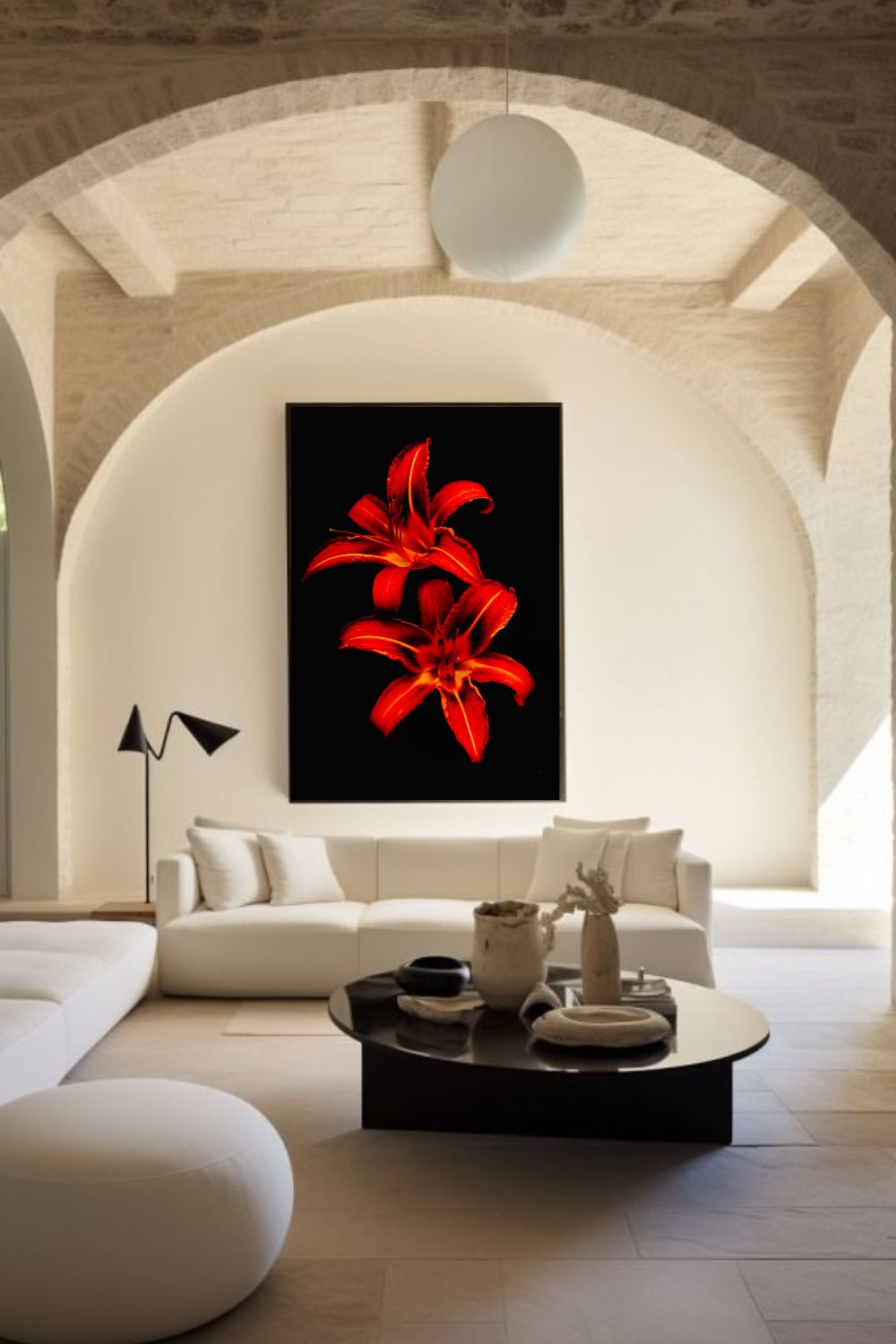 Tirage photo fine art de deux lys rouges sur fond noir, contraste floral intense 