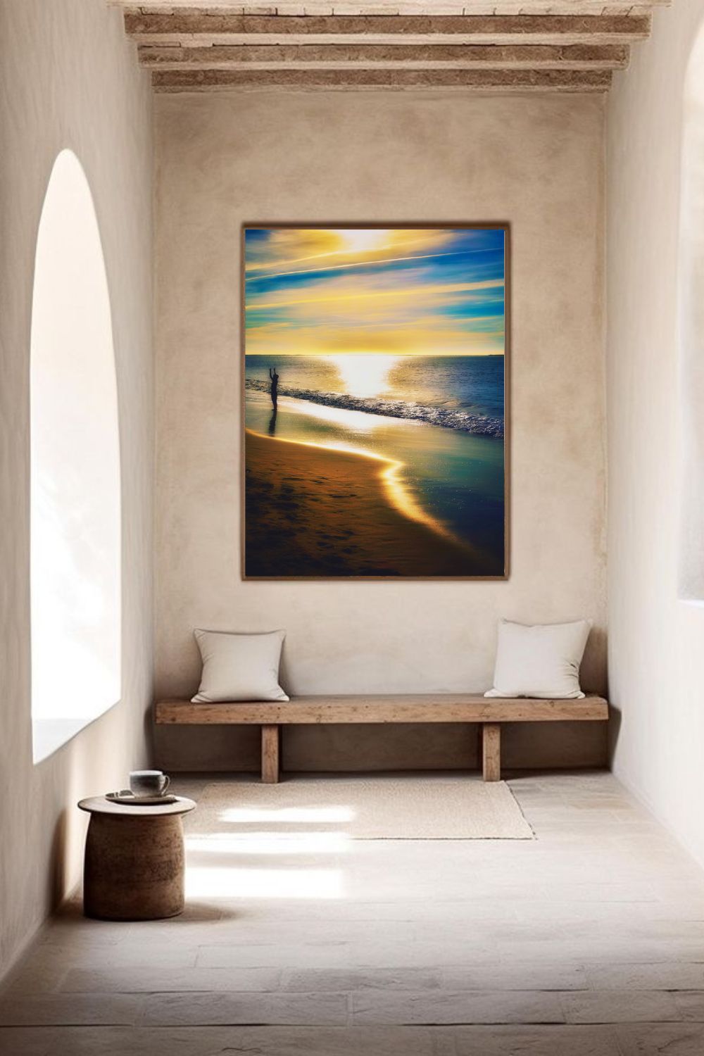 Tirage photo fine art coucher de soleil à Biscarrosse Plage avec silhouette d’enfant sur sable humide