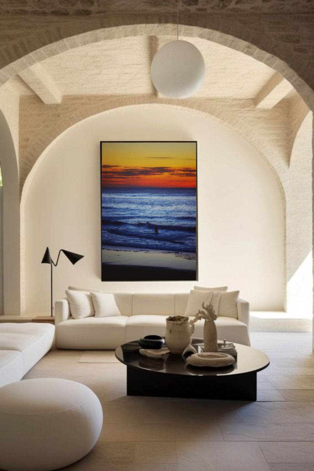 Tirage photo fine art coucher de soleil à Biscarrosse Plage avec surfeur et reflets colorés sur l’eau