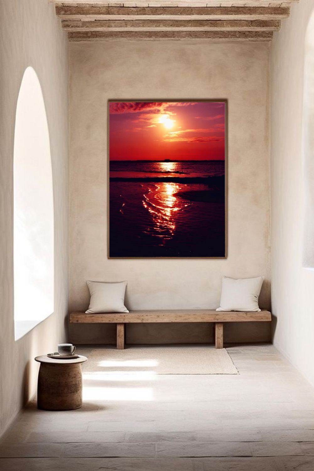 Tirage photo fine art coucher de soleil rouge au lac de Sanguinet avec reflets sur l'eau et cabane sur pilotis en silhouette