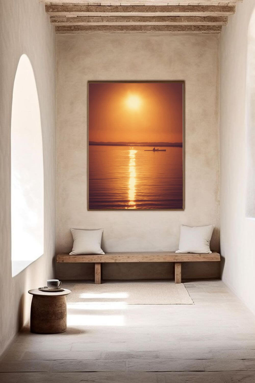 Tirage photo fine art coucher de soleil au lac de Sanguinet avec kayakiste silhouette sur eau dorée