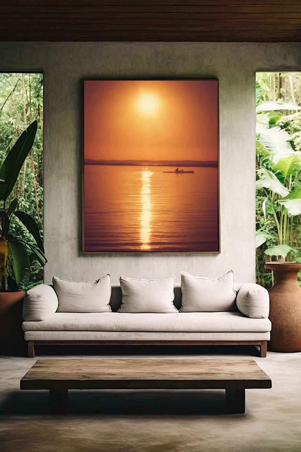 Tirage photo fine art coucher de soleil au lac de Sanguinet avec kayakiste silhouette sur eau dorée