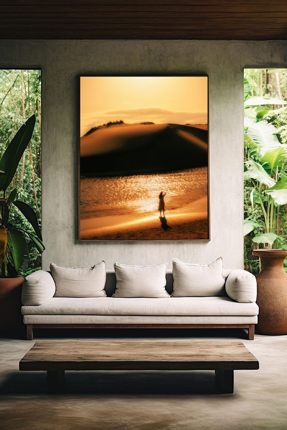 Tirage photo fine art coucher de soleil sur les dunes au Courant d’Huchet avec silhouette d'une femme et reflets dorés sur l’eau 