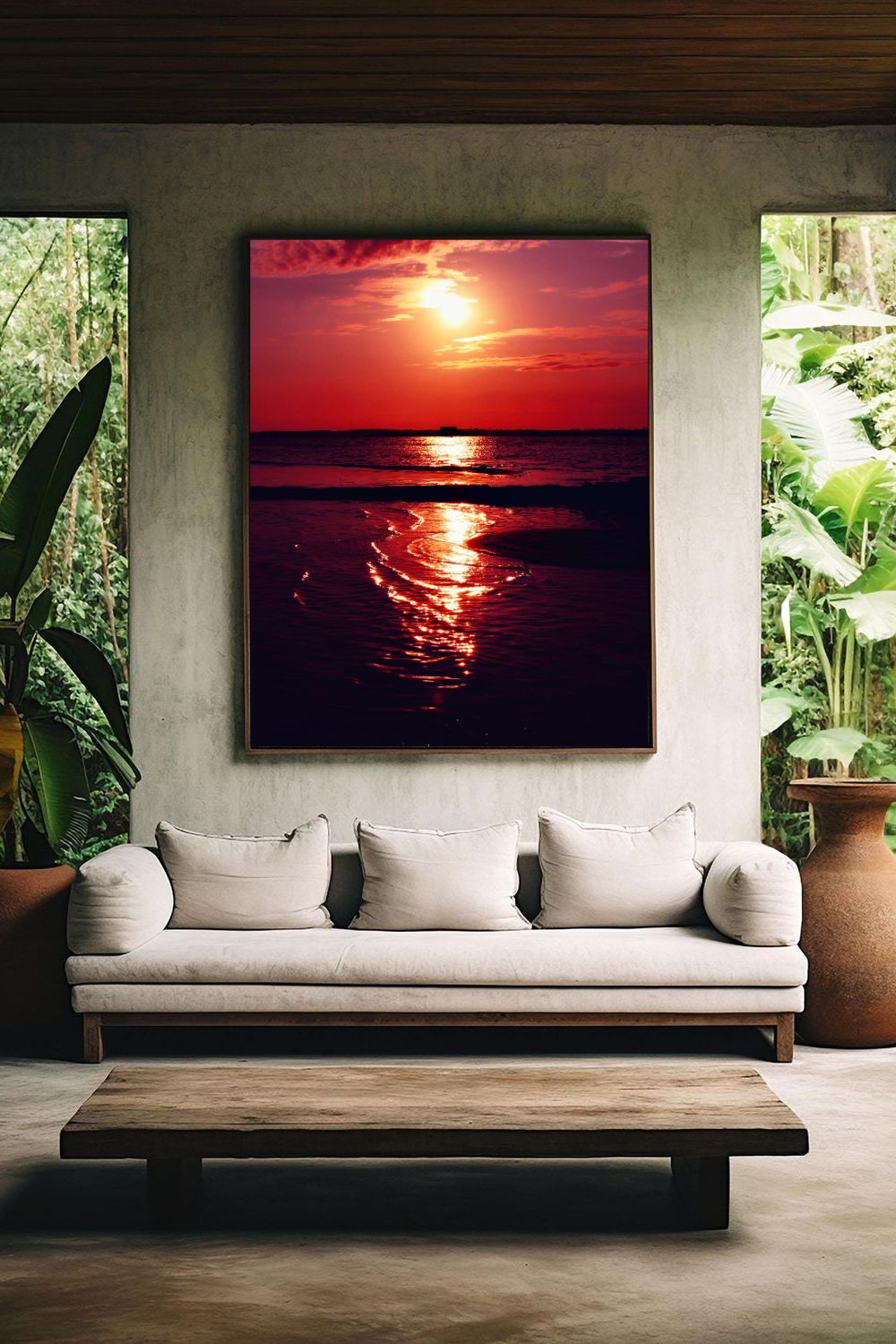 Tirage photo fine art coucher de soleil rouge au lac de Sanguinet avec reflets sur l'eau et cabane sur pilotis en silhouette