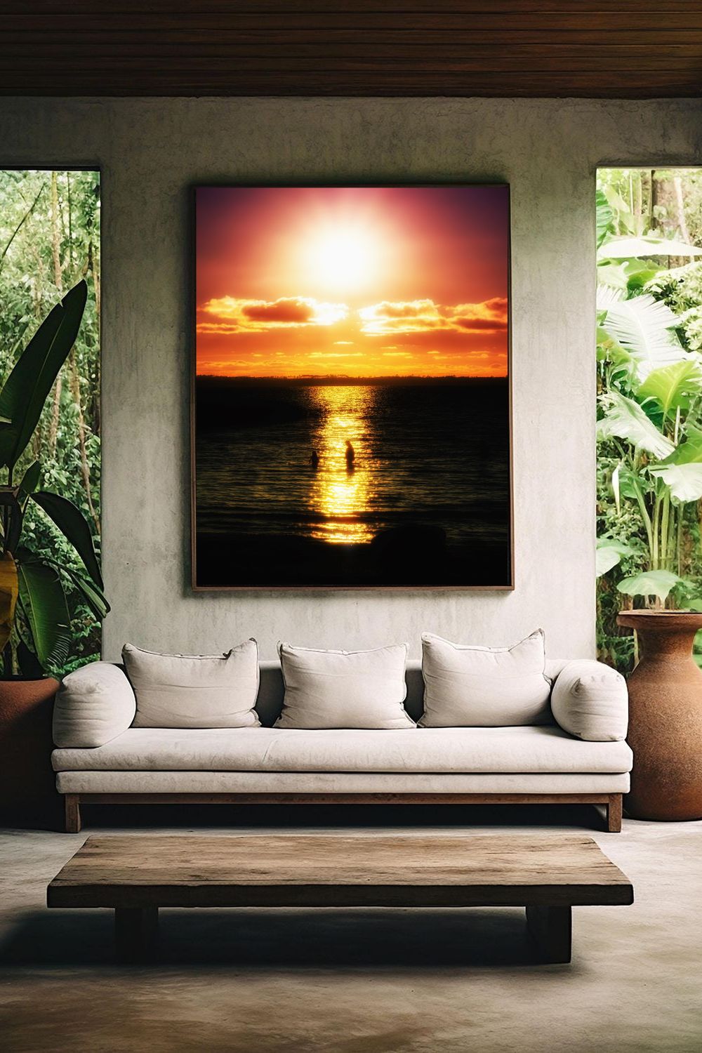 Tirage photo fine art coucher de soleil au lac de Sanguinet avec deux silhouettes dans l’eau et reflets doré