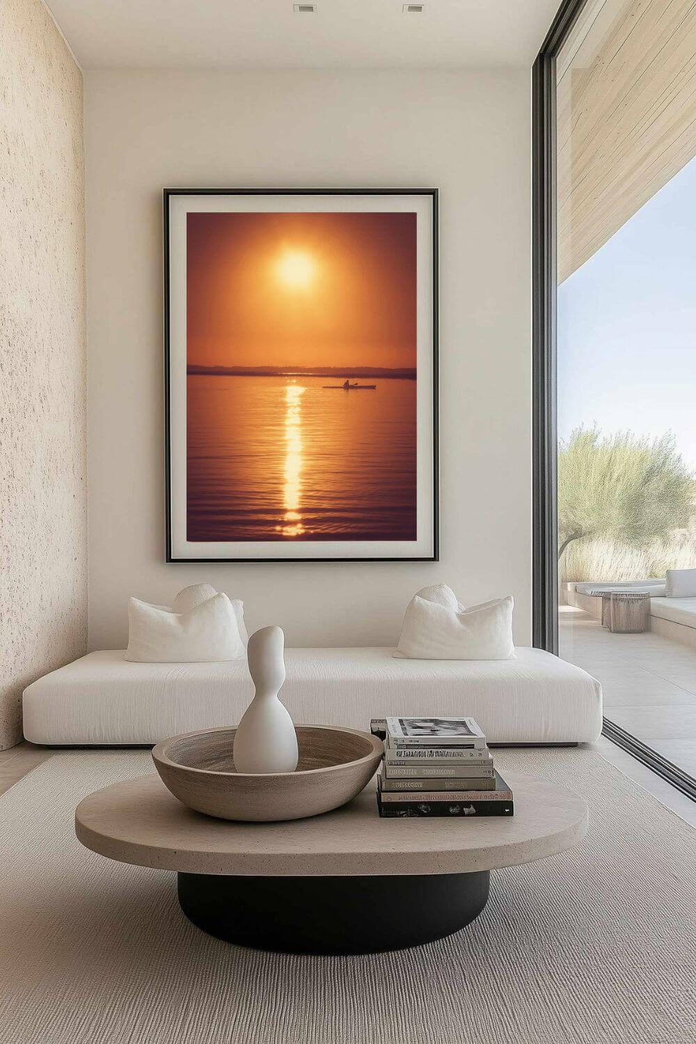 Tirage photo fine art coucher de soleil au lac de Sanguinet avec kayakiste silhouette sur eau dorée