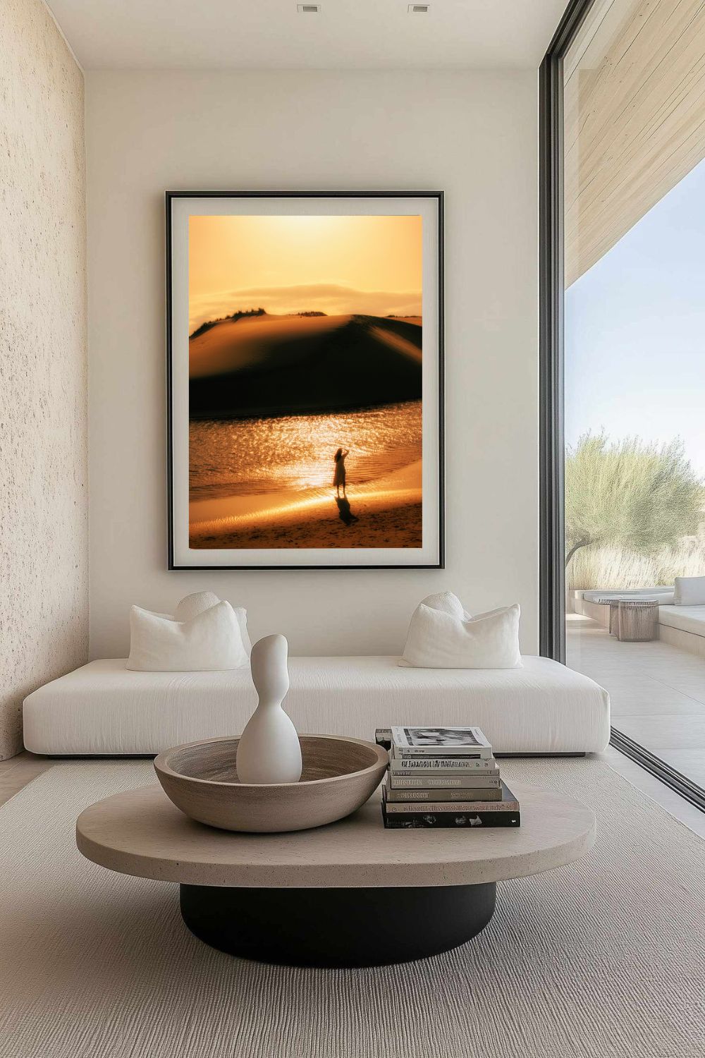 Tirage photo fine art coucher de soleil sur les dunes au Courant d’Huchet avec silhouette d'une femme et reflets dorés sur l’eau 