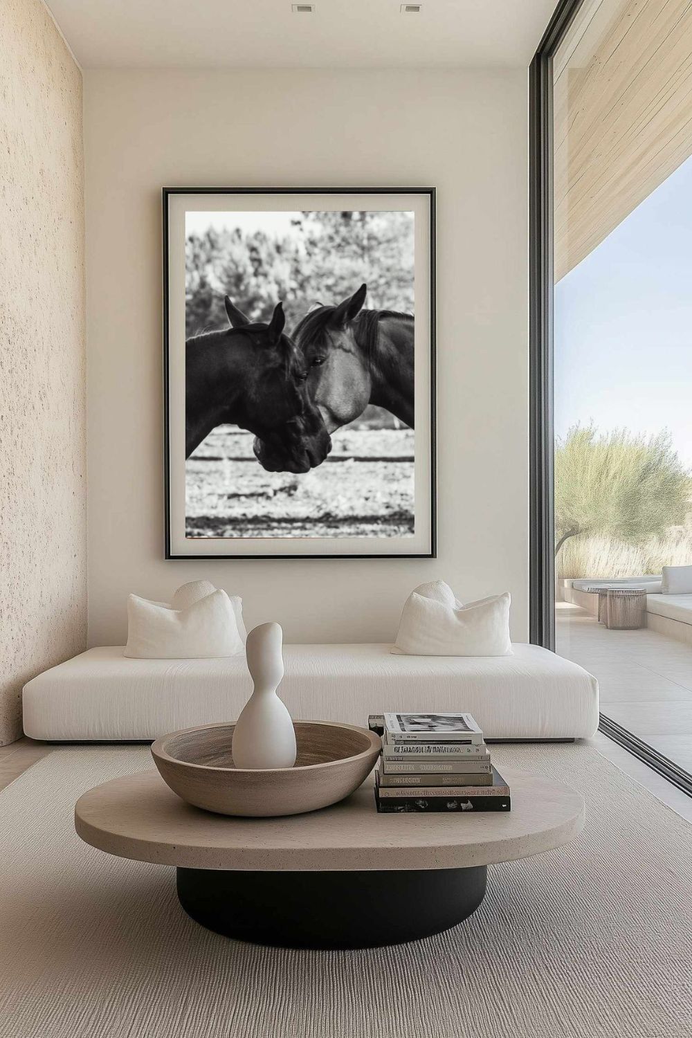 Tirage photo fine art noir et blanc de deux chevaux en symétrie, têtes rapprochée