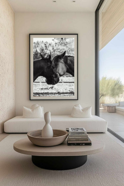 Tirage photo fine art noir et blanc de deux chevaux en symétrie, têtes rapprochée