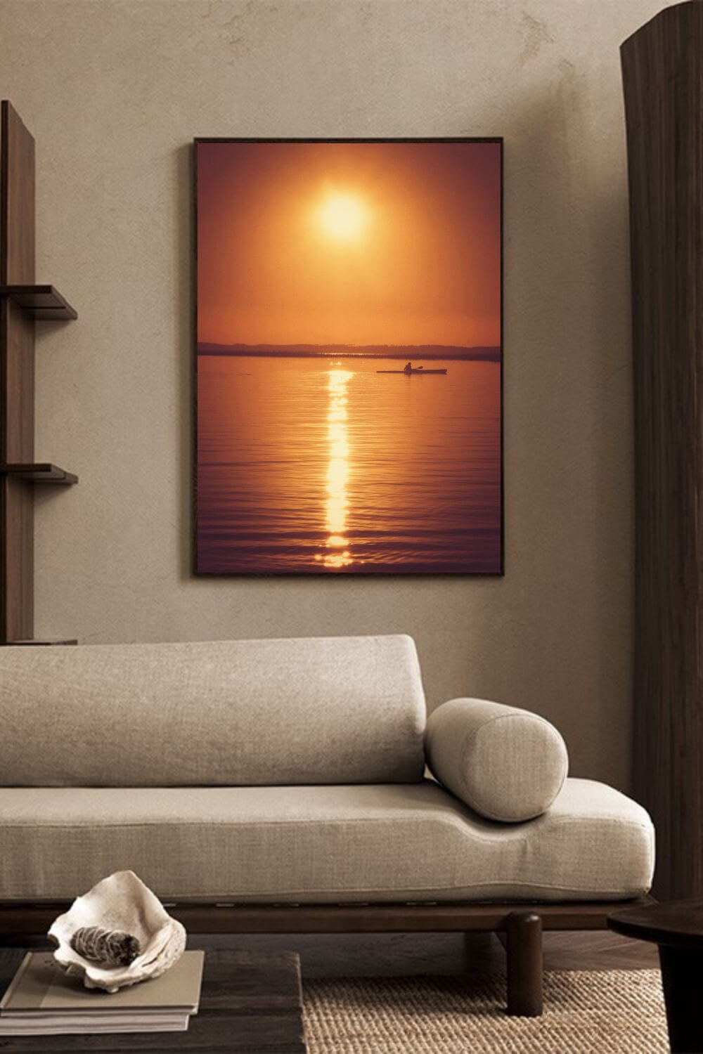 Tirage photo fine art coucher de soleil au lac de Sanguinet avec kayakiste silhouette sur eau dorée