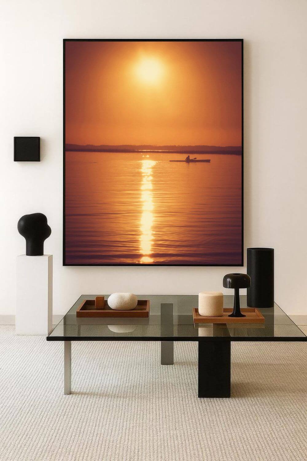 Tirage photo fine art coucher de soleil au lac de Sanguinet avec kayakiste silhouette sur eau dorée