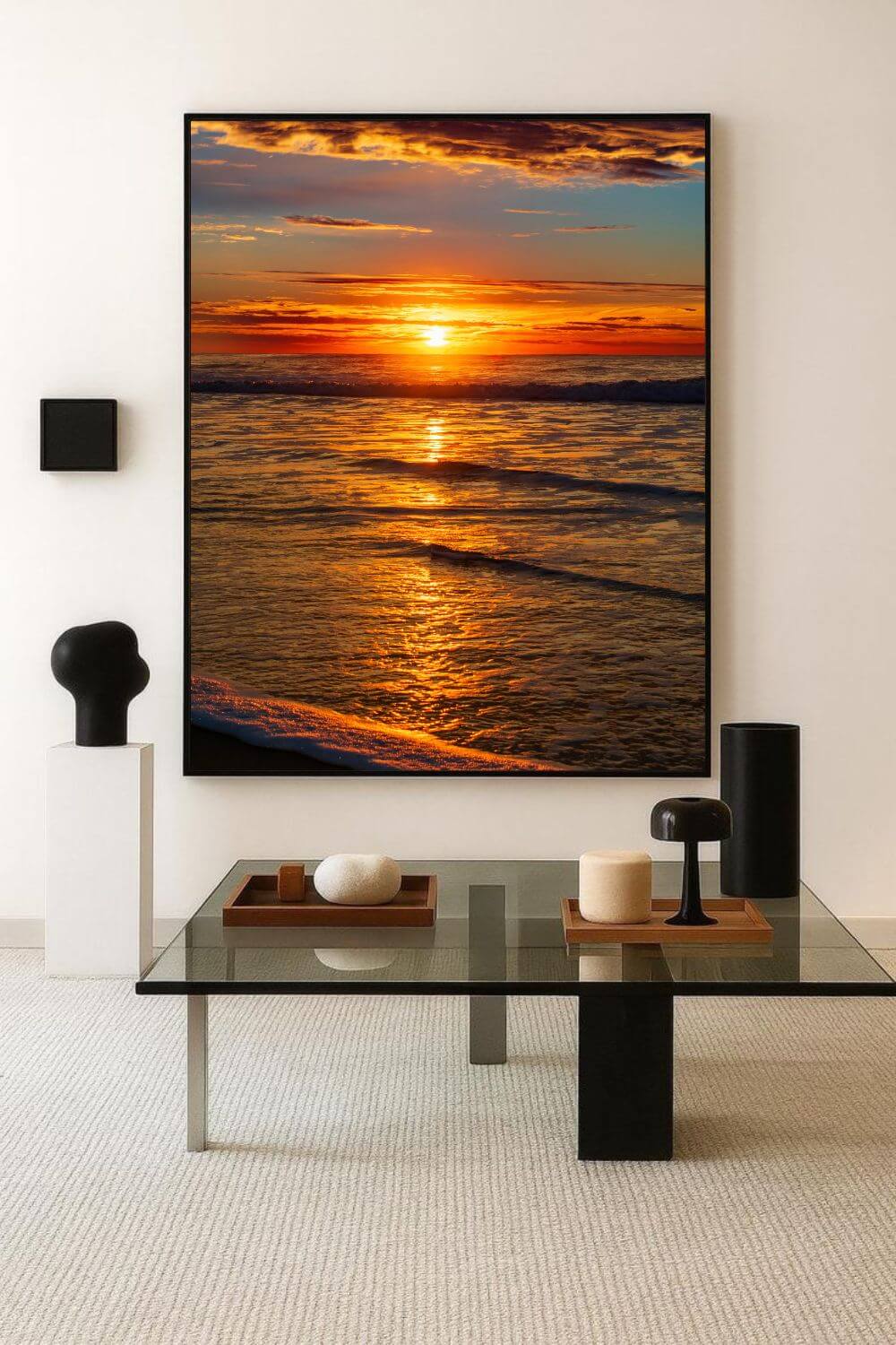 Tirage photo fine art coucher de soleil sur l’océan avec reflets dorés et ciel nuageux