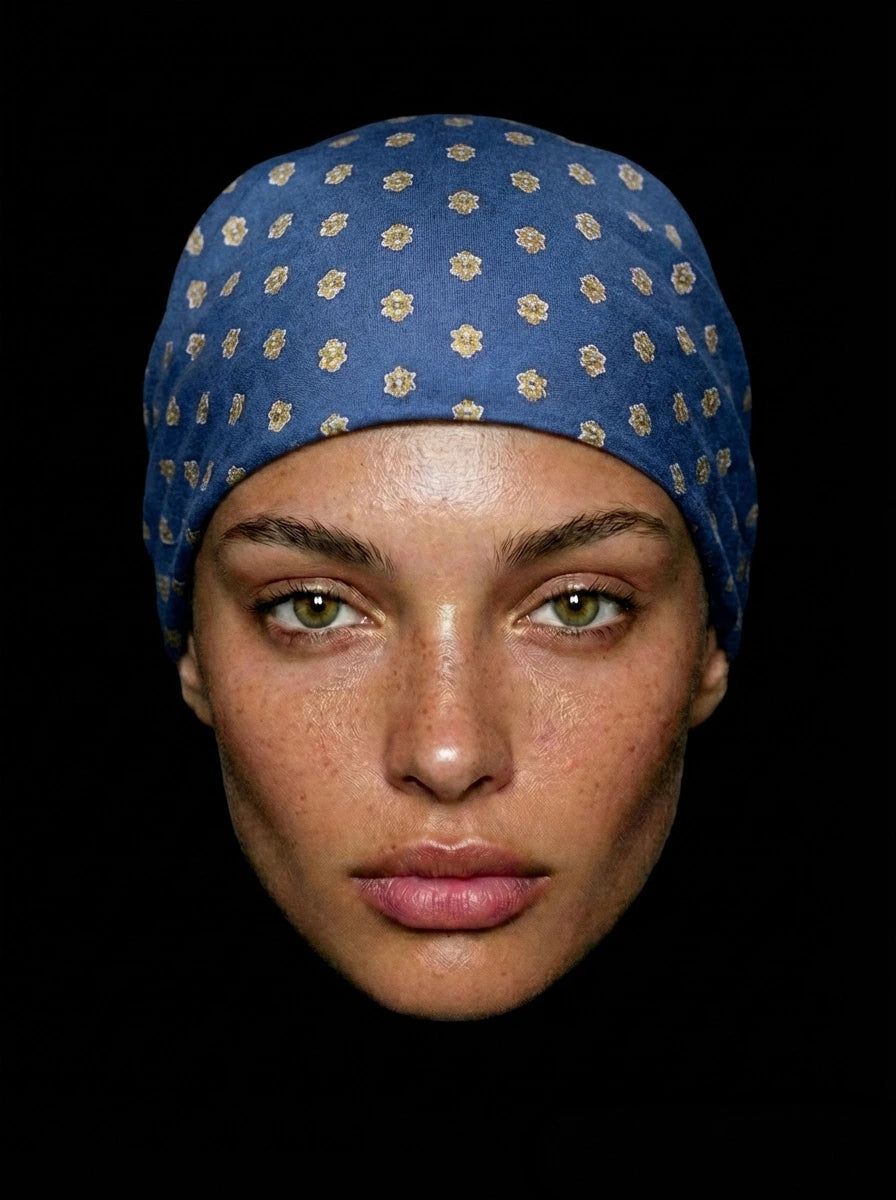 Bandana bleu motif médaillon géométrique provençal coton Valdrôme made in France accessoire classique