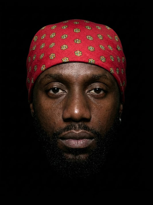 Bandana rouge motif médaillon géométrique coton Valdrôme made in France accessoire audacieux