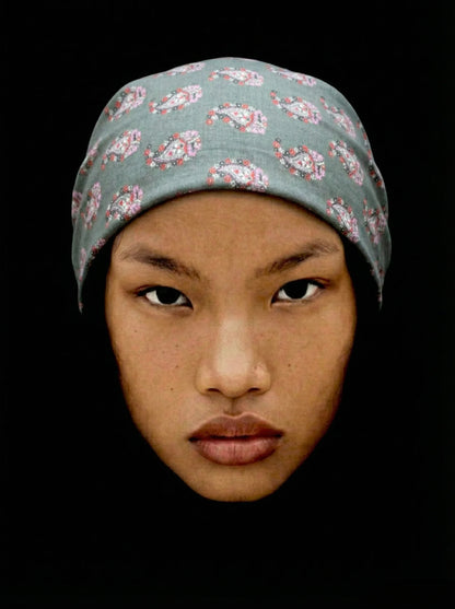 Bandana gris clair avec motif rose paisley provençal coton Valdrôme made in France accessoire délicat chic